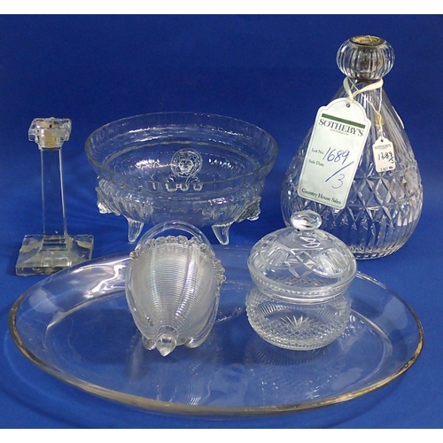 164 - An antique oval glass tray, cut glass candle stand etc.