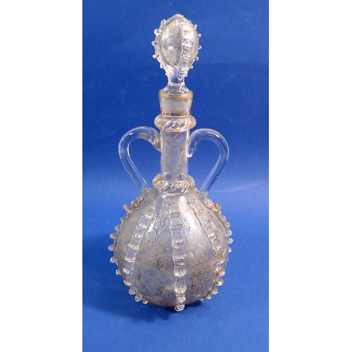 172 - An 18th century Venetian trailing glass decanter with ribs and painted gilt decoration, 29cm, engrav... 