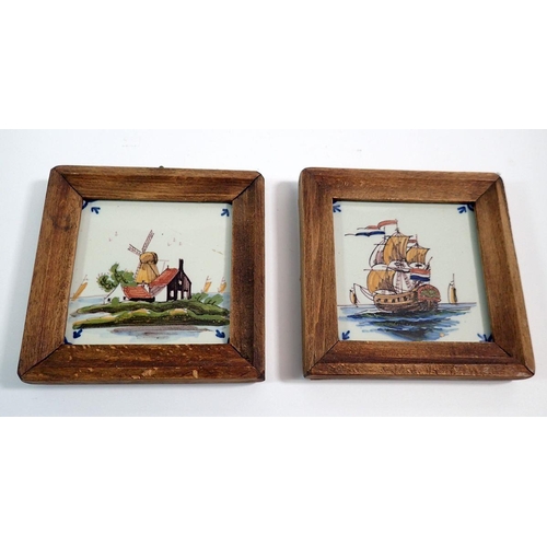 18 - Two small Delft tiles framed in oak, 10cm square