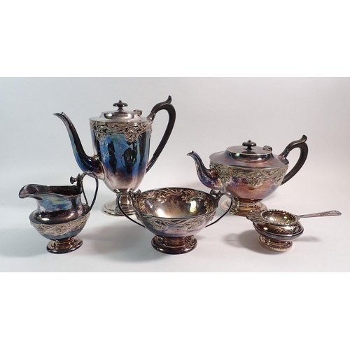 185 - An Art Nouveau silver plated five piece tea service with floral embossed decoration