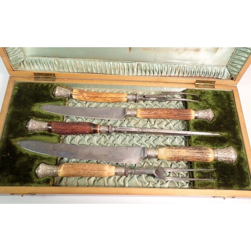 188 - A Victorian five piece horn handled and silver plated carving set in fitted mahogany case