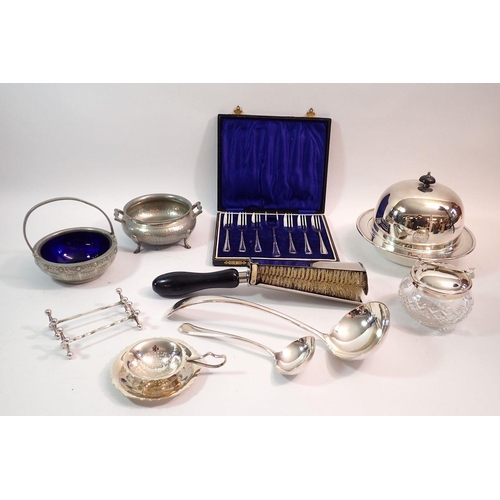 190A - A group of silver plated items including muffin dish, cake forks, ladle and pewter