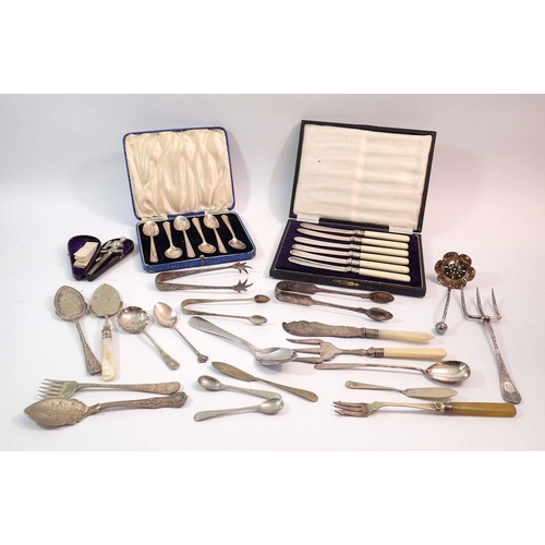 191 - A box of various silver plated serving cutlery etc.