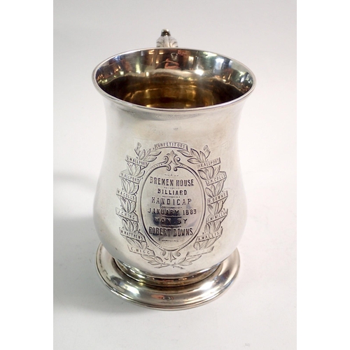 198 - A George III silver pint mug with later engraved billiard trophy inscription, London 1747, by Thomas... 