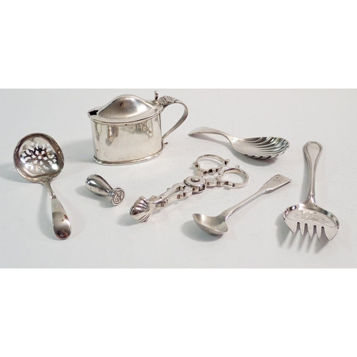 234 - An oval silver mustard pot, a silver Georgian salt spoon, a silver seal plus a silver plated sardine... 