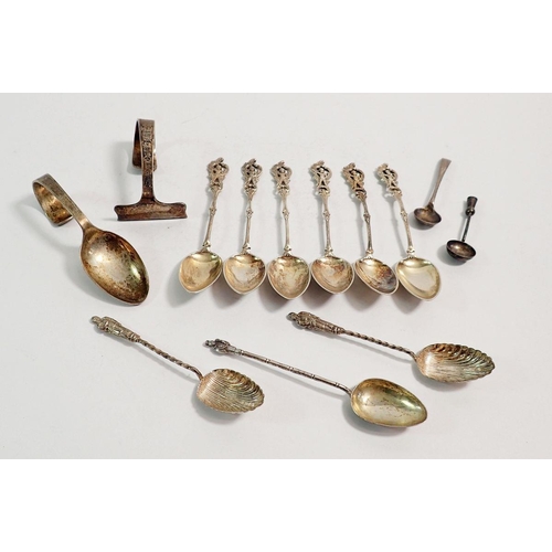 238 - A set of six white metal continental coffee spoons marked 800, three other white metal spoons, two s... 