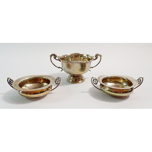 239 - A pair of small silver two handled dishes, Sheffield 1912 James Dixon and Sons and a two handled ped... 