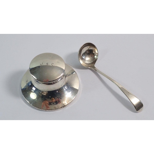 240 - A silver capstan inkwell, 8.5cm diameter, Birmingham 1936 and a small silver ladle