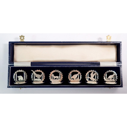 242 - A set of six J A Campbell silver game themed menu holders - cased, London 1993, 82g