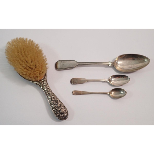 245 - Three silver spoons including Georgian tablespoon London 1822 by George Piercy 128g and a silver bac... 