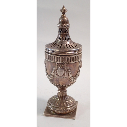 249 - A Victorian silver Neo-classical style sugar caster with embossed swags and rams head decoration, Bi... 