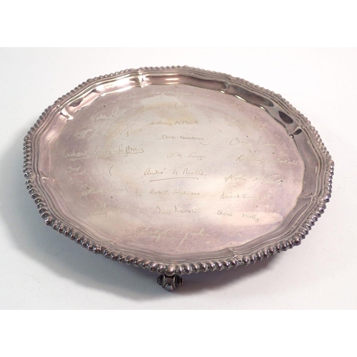 265 - A silver salver with signatures, 21cm, 395g, Sheffield 1979, makers mark Roberts & Belk