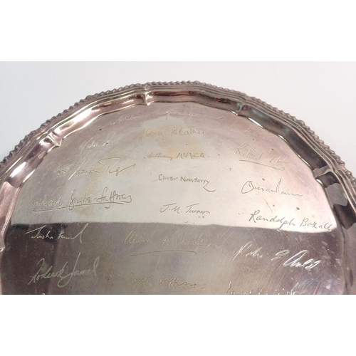 265 - A silver salver with signatures, 21cm, 395g, Sheffield 1979, makers mark Roberts & Belk