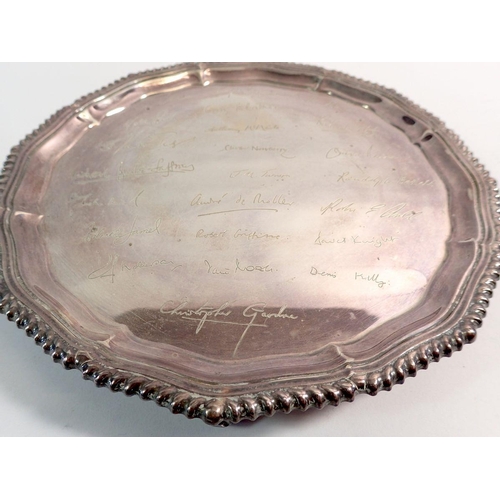 265 - A silver salver with signatures, 21cm, 395g, Sheffield 1979, makers mark Roberts & Belk