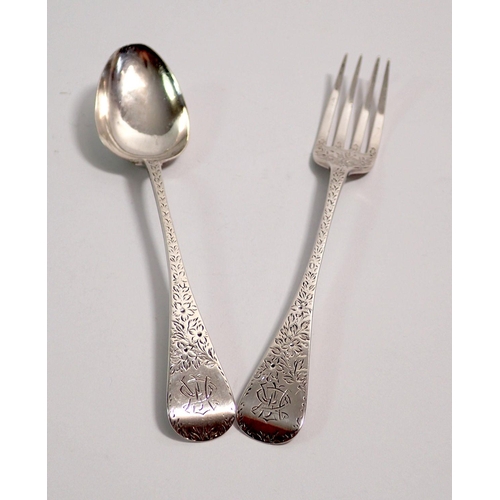 296 - A Victorian silver child's spoon and fork with engraved floral design by George Unite, Birmingham 18... 