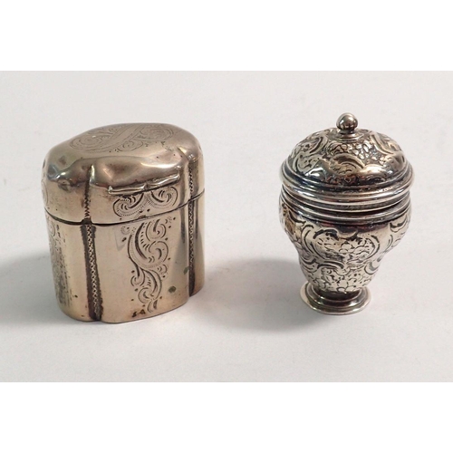 330 - A Dutch silver cachou box with engraved decoration and lion mark to base, 3.5cm and a continental si... 