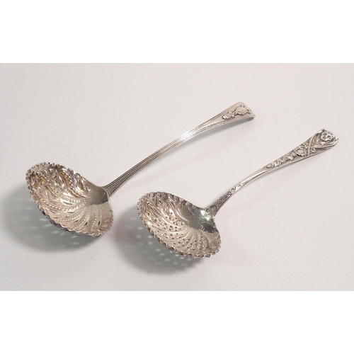 331 - Two Georgian silver sifter spoons, London 1799 and 1815 by TW, 105g