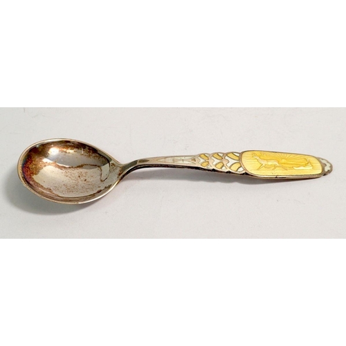 332 - A silver and yellow enamel spoon by Marius Hammer with reindeer and sledge scene, 13cm