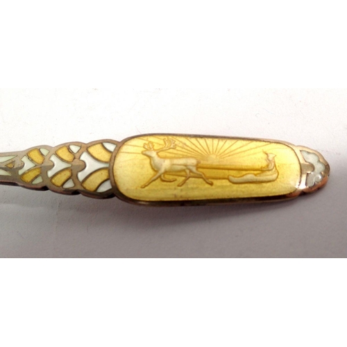 332 - A silver and yellow enamel spoon by Marius Hammer with reindeer and sledge scene, 13cm