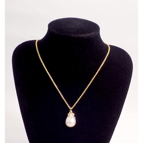 346 - An 18 carat gold and pearl pendant on gold plated chain, 2.6cm drop, pendant 4g