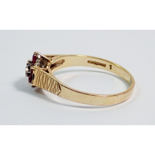 366 - A 9 carat gold ruby and diamond cluster ring, size K, 2.1g