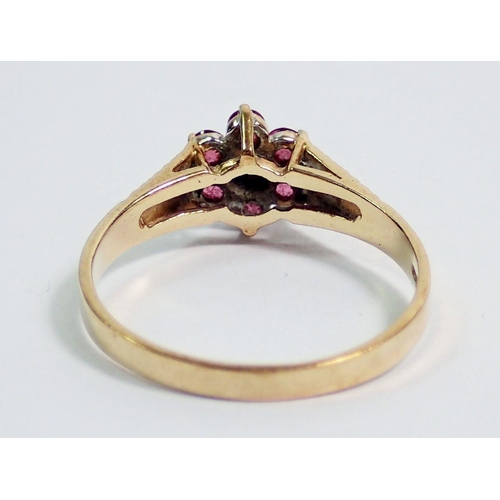 366 - A 9 carat gold ruby and diamond cluster ring, size K, 2.1g