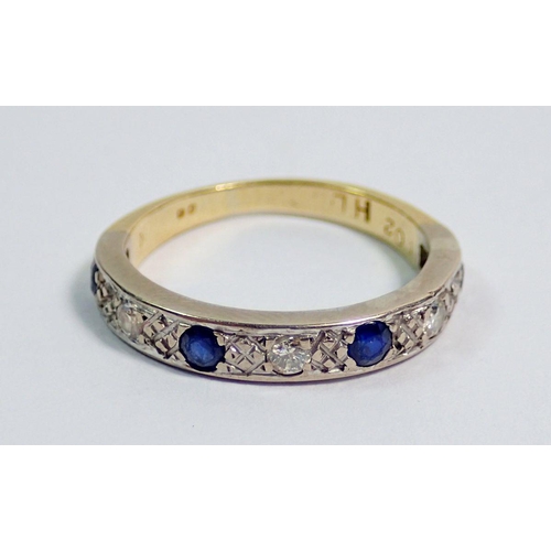 376 - A yellow and white gold ring set four sapphires interspersed with three diamonds - unmarked, size H,... 