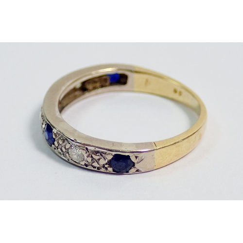 376 - A yellow and white gold ring set four sapphires interspersed with three diamonds - unmarked, size H,... 