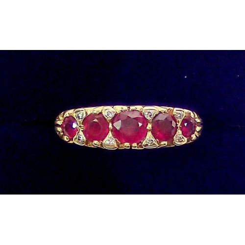 390 - An 18 carat gold ring set five graduated rubies interspersed with eight chip diamonds, size N, 5.1g