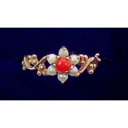 393 - A 9 carat gold coral and pearl flower form ring, size N, 1.6g