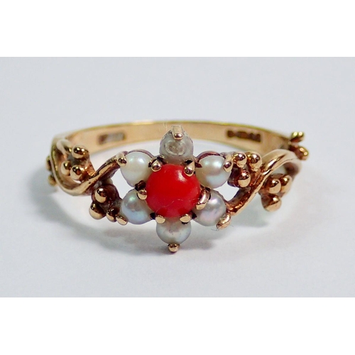 393 - A 9 carat gold coral and pearl flower form ring, size N, 1.6g