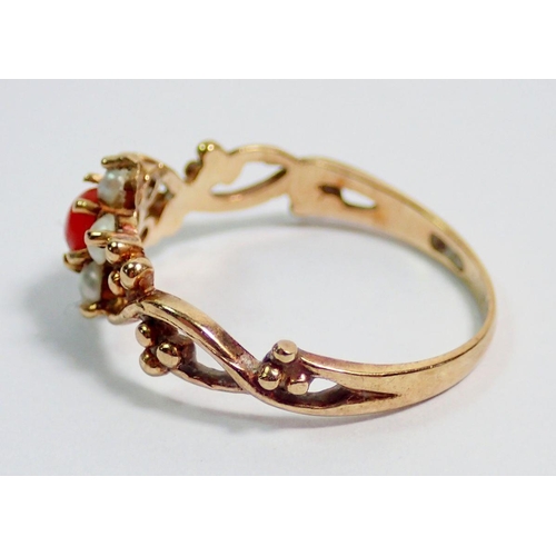 393 - A 9 carat gold coral and pearl flower form ring, size N, 1.6g