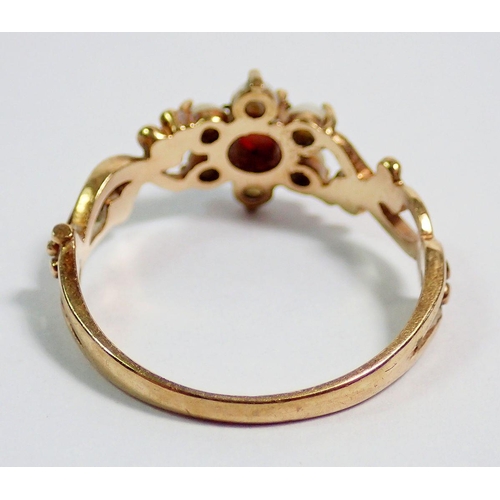 393 - A 9 carat gold coral and pearl flower form ring, size N, 1.6g