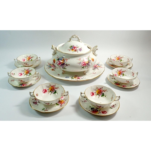 4 - A Royal Crown Derby Posies soup tureen, six soup bowls and serving platter