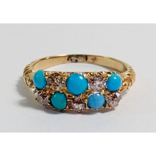 400 - An 18 carat gold ring set five turquoise and five diamonds, size L to M, 2.8g