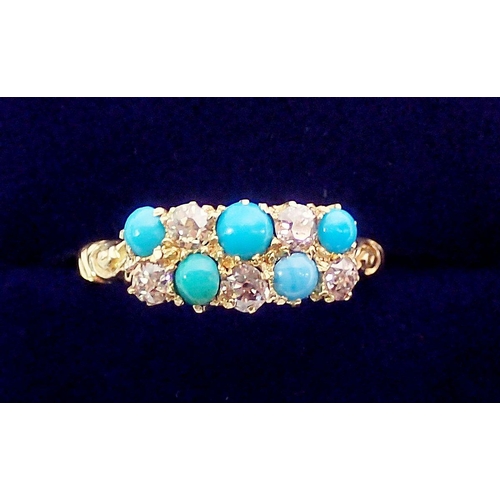 400 - An 18 carat gold ring set five turquoise and five diamonds, size L to M, 2.8g