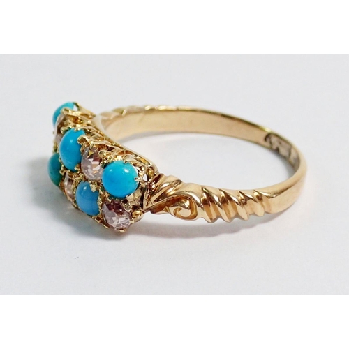 400 - An 18 carat gold ring set five turquoise and five diamonds, size L to M, 2.8g