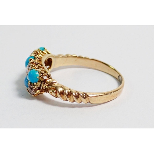 400 - An 18 carat gold ring set five turquoise and five diamonds, size L to M, 2.8g