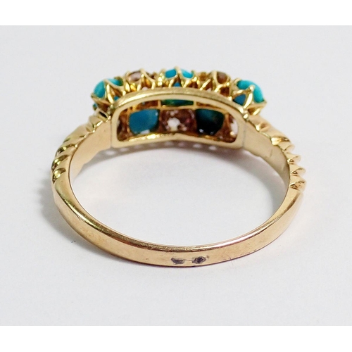 400 - An 18 carat gold ring set five turquoise and five diamonds, size L to M, 2.8g