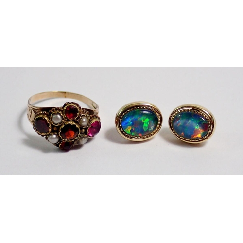 403 - An antique yellow metal ring set pearls and paste, size H, 1.5g and a pair of silver gilt and opal e... 