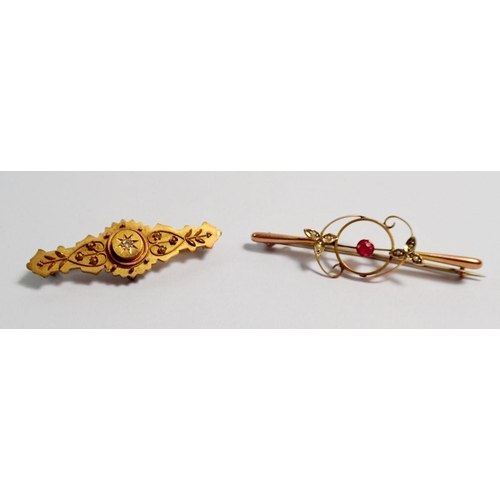 413 - A Victorian 15ct gold brooch set chip diamond and a 9ct gold Edwardian brooch set ruby and seed pear... 