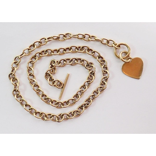 419 - A 9 carat gold fob chain with heart form fob, 45cm long, 25g