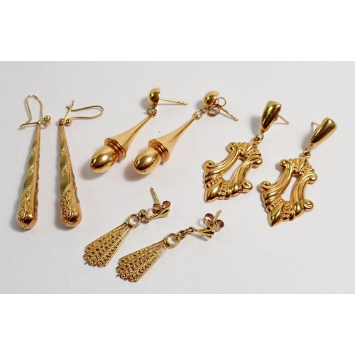 422 - Four pairs of 9 carat gold pendant earrings, 10.8g