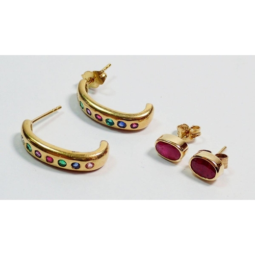 425 - A pair of 18 carat gold half hoop earrings set diamonds, emeralds, sapphires and amethysts, 5.3g plu... 