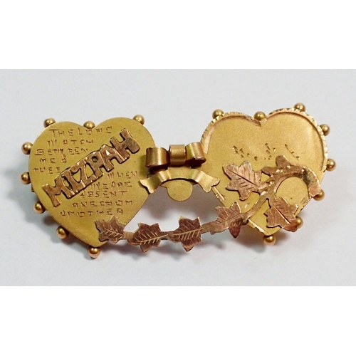 426 - A Victorian 9 carat gold double heart Mizpah brooch, 2.6g