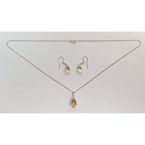 430 - A pair of 9 carat white gold earrings set citrines and chip diamonds and matching pendant necklace, ... 