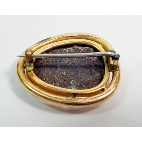 444 - A Persian inscribed turquoise brooch set in gold mount, 2.5 x 2.1cm, 6.3g, unmarked but tested as at... 