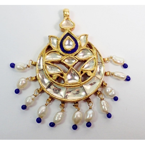 449 - An Indian 18 carat gold moon and lotus pendant set crystal and enamel with freshwater pearls and blu... 