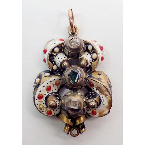 452 - An antique continental yellow metal and enamel pendant set old cut diamonds and emeralds, total drop... 