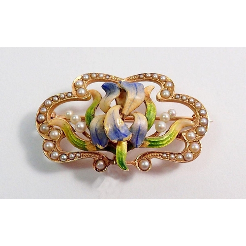 453 - An Edwardian Art Nouveau gold and enamel brooch or pendant set seed pearls, 3.5cm wide, 7.1g, unmark... 